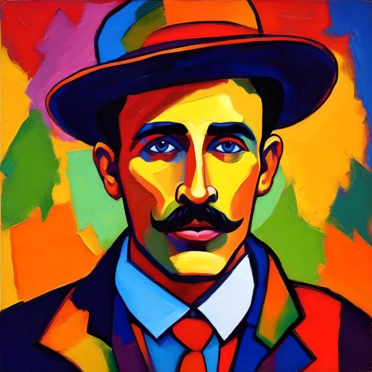 Fauvism,Fauvism, People, man, 1boy, solo, hat, male focus, necktie, facial hair, blue eyes, mustache