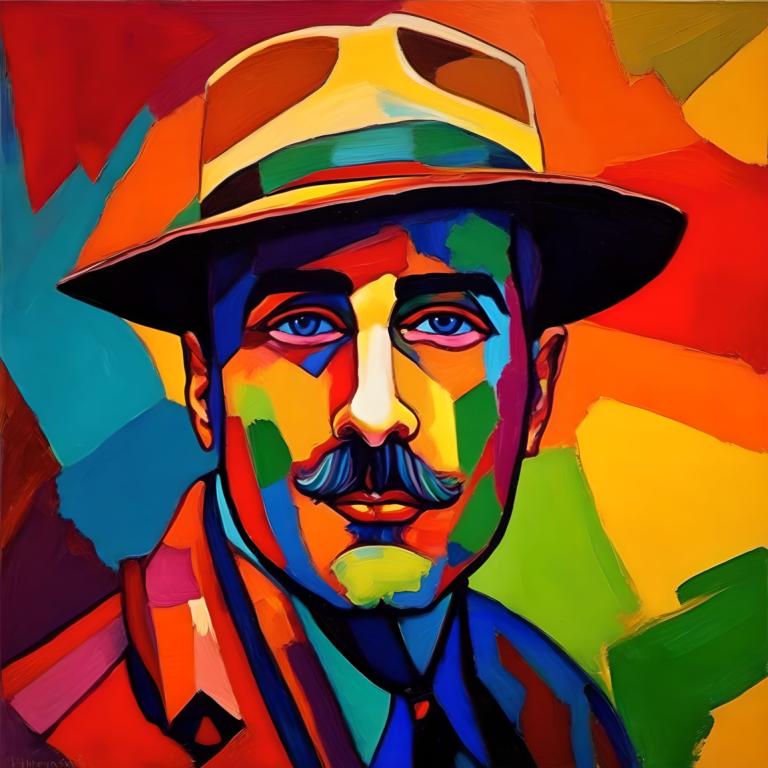 Fauvism,Fauvism, People, man, 1boy, male focus, solo, hat, facial hair, blue eyes, mustache, colorful, clown