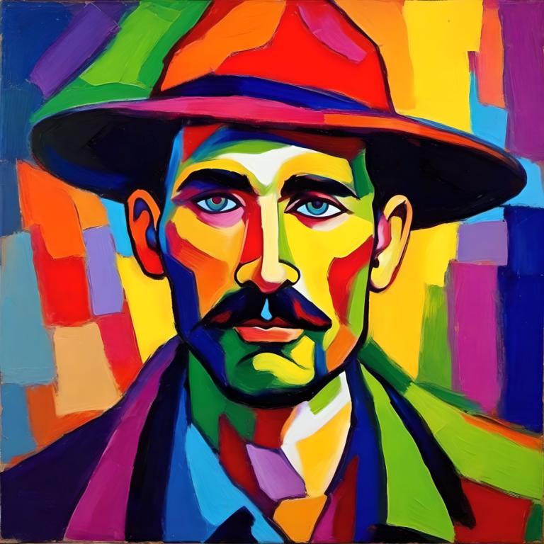 Fauvism,Fauvism, People, man, 1boy, male focus, hat, solo, facial hair, colorful, blue eyes, portrait