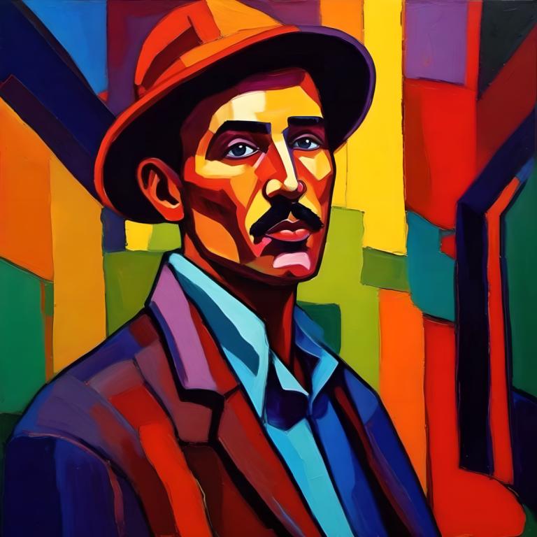 Fauvism,Fauvism, People, man, 1boy, male focus, solo, hat, necktie, facial hair, shirt, blue eyes, mustache