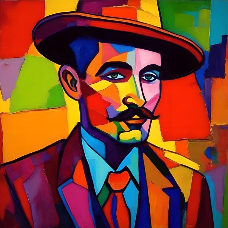 Fauvism,Fauvism, People, man, 1boy, male focus, solo, hat, necktie, facial hair, mustache, formal, facepaint