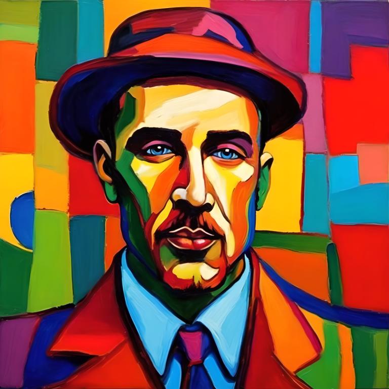 Fauvism,Fauvism, People, man, 1boy, male focus, solo, hat, necktie, blue eyes, facial hair, shirt