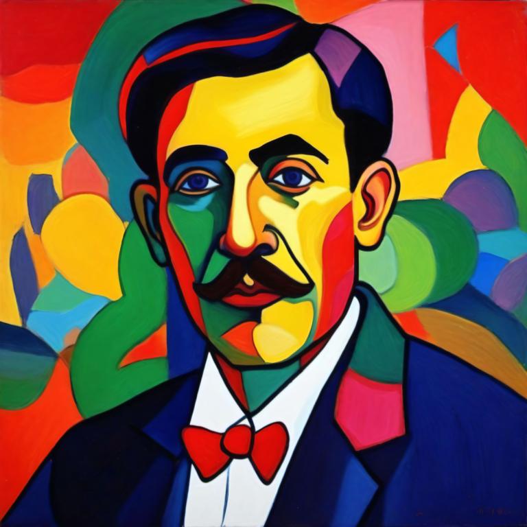 Fauvism,Fauvism, People, man, 1boy, male focus, bow, bowtie, solo, clown, colorful, facial hair, red bow