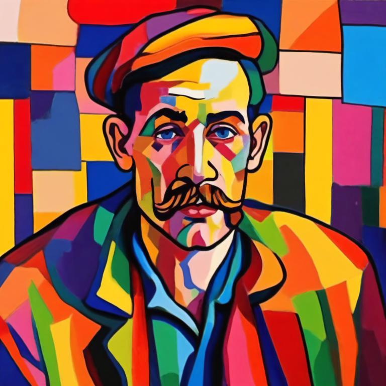 Fauvism,Fauvism, People, man, 1boy, male focus, solo, facial hair, colorful, hat, blue eyes, mustache, shirt