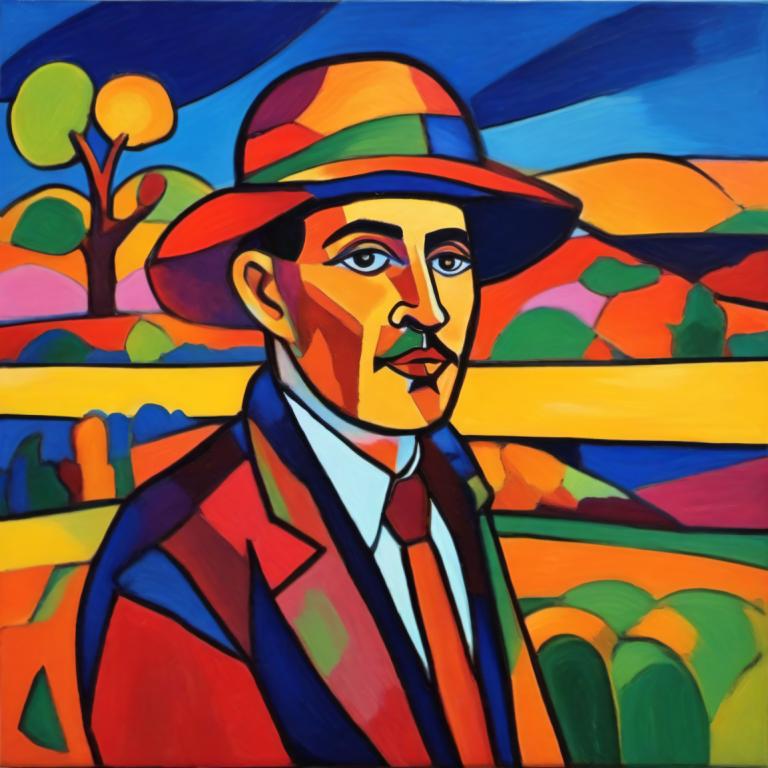 Fauvism,Fauvism, People, man, 1boy, male focus, solo, hat, necktie, formal, suit, shirt, facial hair