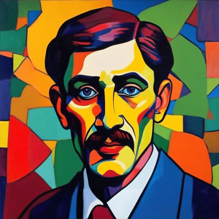 Fauvism,Fauvism, People, man, 1boy, male focus, solo, necktie, facial hair, mustache, blue eyes, formal, suit