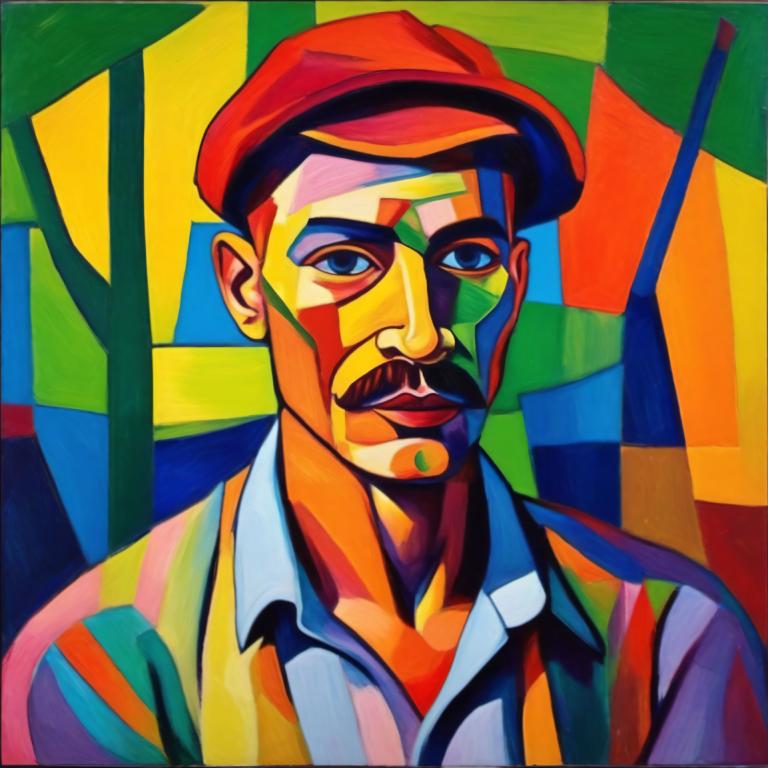 Fauvism,Fauvism, People, man, male focus, solo, 1boy, hat, facial hair, mustache, shirt, clown, blue eyes