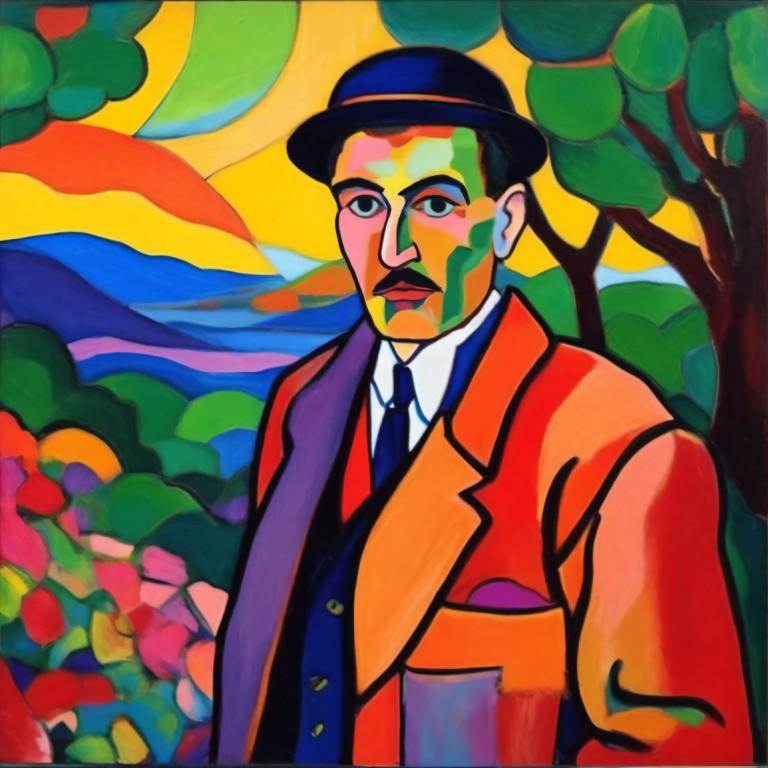 Fauvism,Fauvism, People, man, 1boy, solo, male focus, necktie, hat, shirt, tree, jacket, vest, white shirt