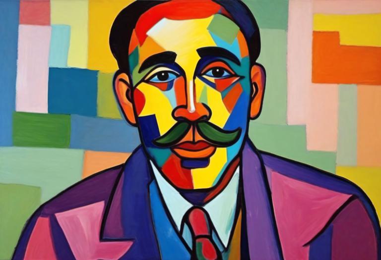 Fauvism,Fauvism, People, man, 1boy, male focus, solo, necktie, mustache, facial hair, formal, clown, suit