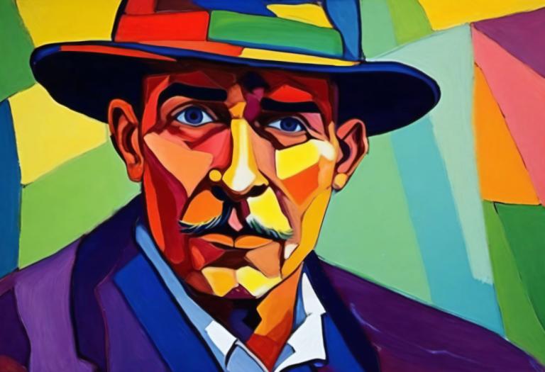 Fauvism,Fauvism, People, man, 1boy, male focus, hat, solo, facial hair, mustache, top hat, blue eyes