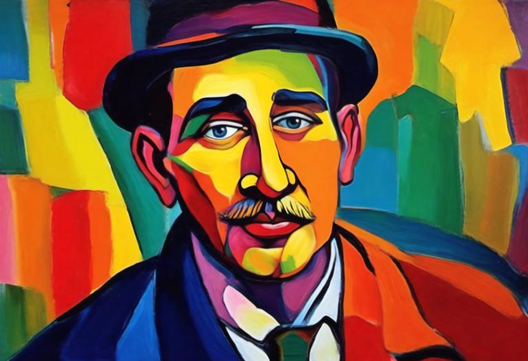 Fauvism,Fauvism, People, man, 1boy, male focus, solo, hat, facial hair, necktie, mustache, blue eyes, clown