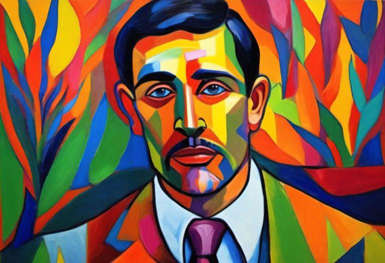 Fauvism,Fauvism, People, man, 1boy, male focus, solo, necktie, colorful, blue eyes, black hair, formal, shirt