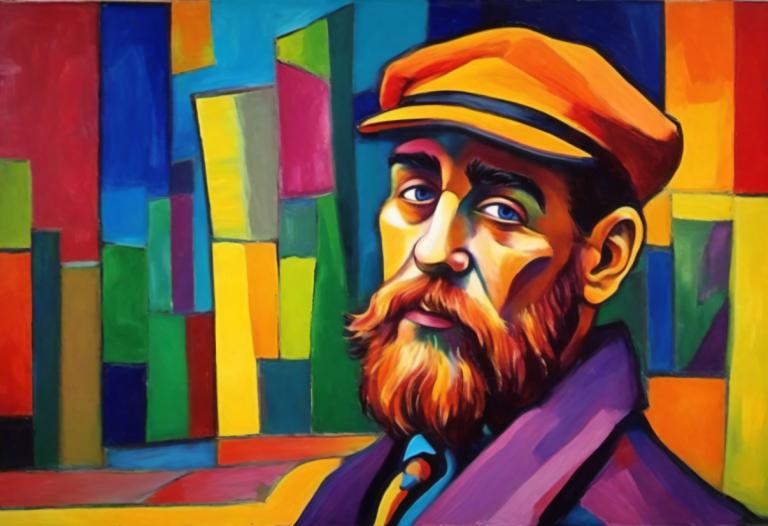 Fauvism,Fauvism, People, man, 1boy, male focus, solo, facial hair, hat, blue eyes, mustache, beard