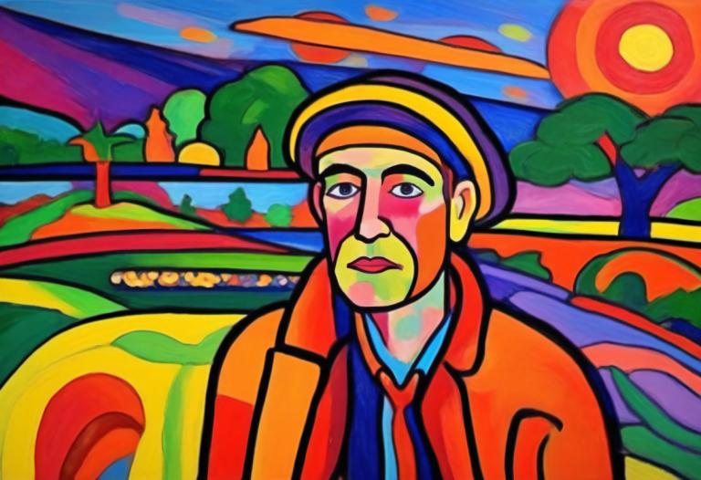 Fauvism,Fauvism, People, man, solo, 1boy, male focus, hat, necktie, tree, outdoors, shirt, facial hair