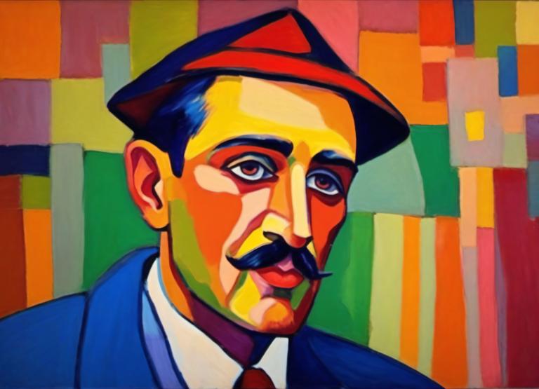 Fauvism,Fauvism, People, man, 1boy, male focus, solo, hat, facial hair, mustache, necktie