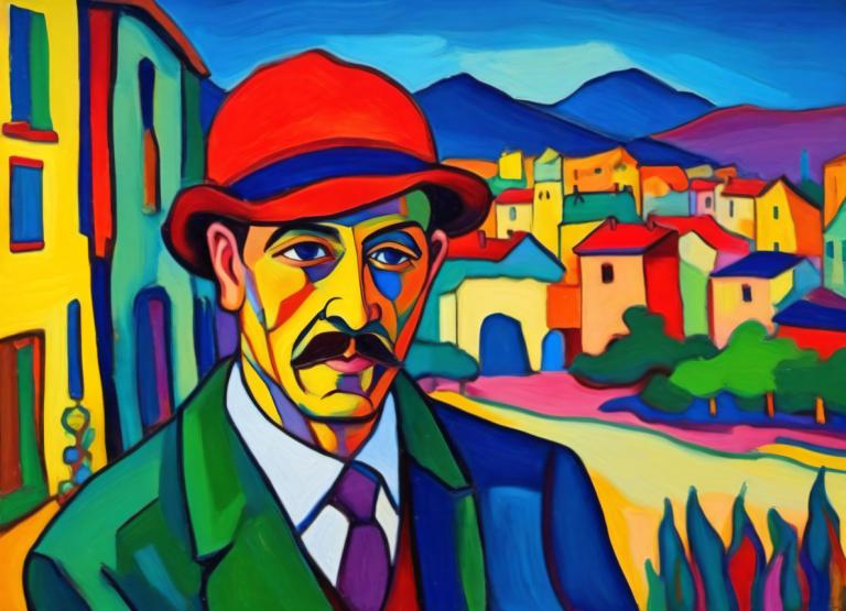 Fauvism,Fauvism, People, man, 1boy, male focus, hat, facial hair, mustache, solo, necktie, outdoors