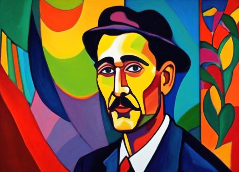 Fauvism,Fauvism, People, man, 1boy, male focus, solo, hat, necktie, facial hair, formal, suit, mustache