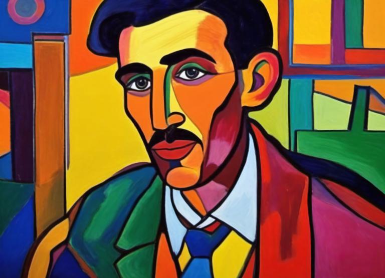 Fauvism,Fauvism, People, man, solo, 1boy, male focus, necktie, shirt, black hair, blue necktie, facial hair