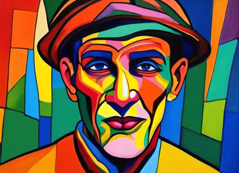 Fauvism,Fauvism, People, man, solo, 1boy, male focus, hat, colorful, clown, blue eyes, makeup, portrait