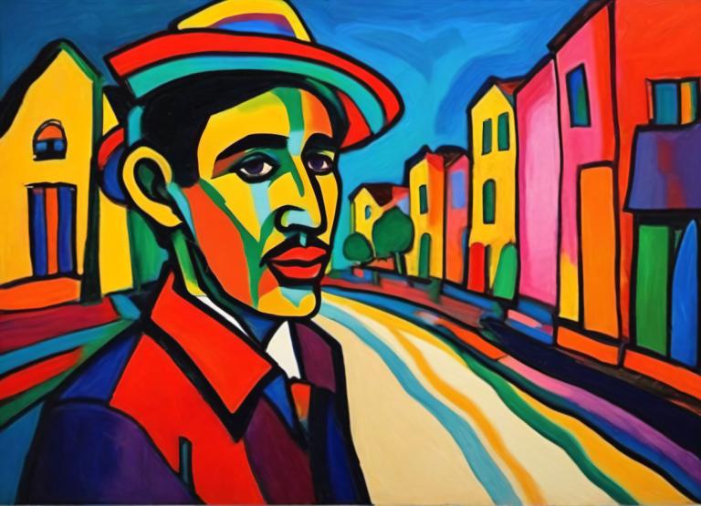 Fauvism,Fauvism, People, man, 1boy, hat, male focus, solo, clown, parody, necktie, outdoors, formal