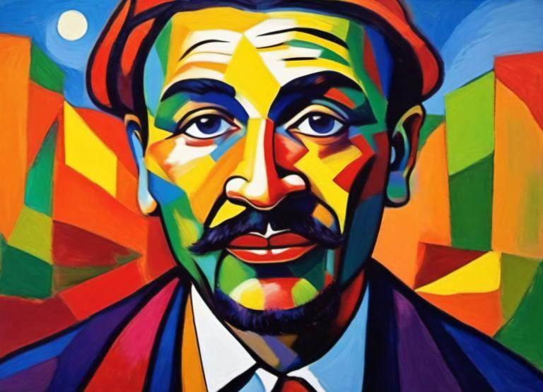 Fauvism,Fauvism, People, man, 1boy, male focus, solo, facial hair, clown, mustache, formal, colorful, suit