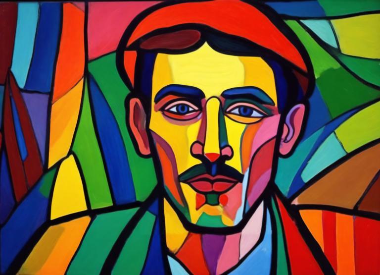 Fauvism,Fauvism, People, man, 1boy, solo, male focus, clown, looking at viewer, blue eyes, facial hair