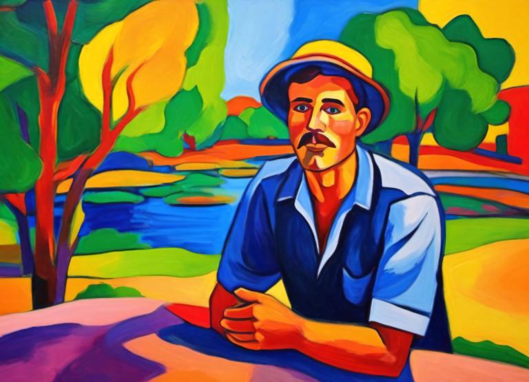 Fauvism,Fauvism, People, man, 1boy, male focus, hat, solo, facial hair, tree, mustache, parody