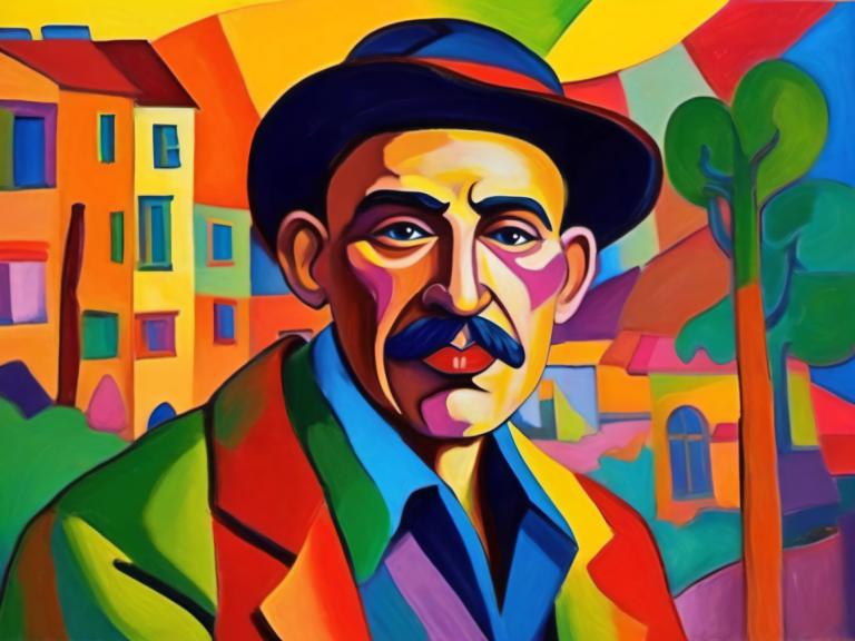 Fauvism,Fauvism, People, man, 1boy, male focus, hat, mustache, solo, clown, facial hair, shirt