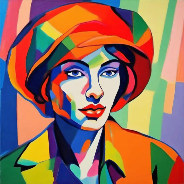 Fauvism,Fauvism, People, woman, solo, blue eyes, colorful, clown, hat, makeup, male focus, looking at viewer