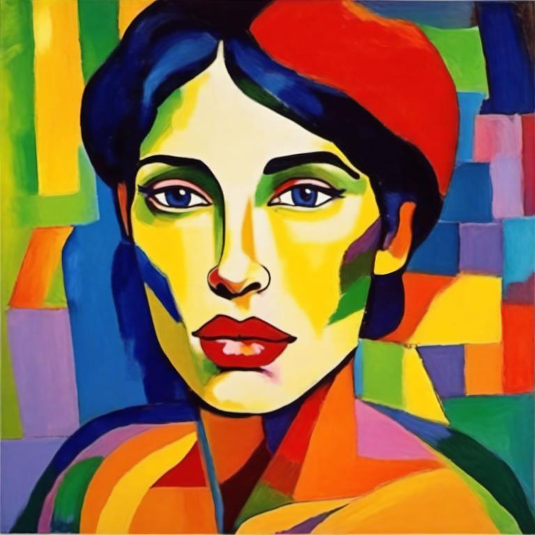 Fauvism,Fauvism, People, woman, solo, blue eyes, makeup, portrait, male focus, lipstick, looking at viewer