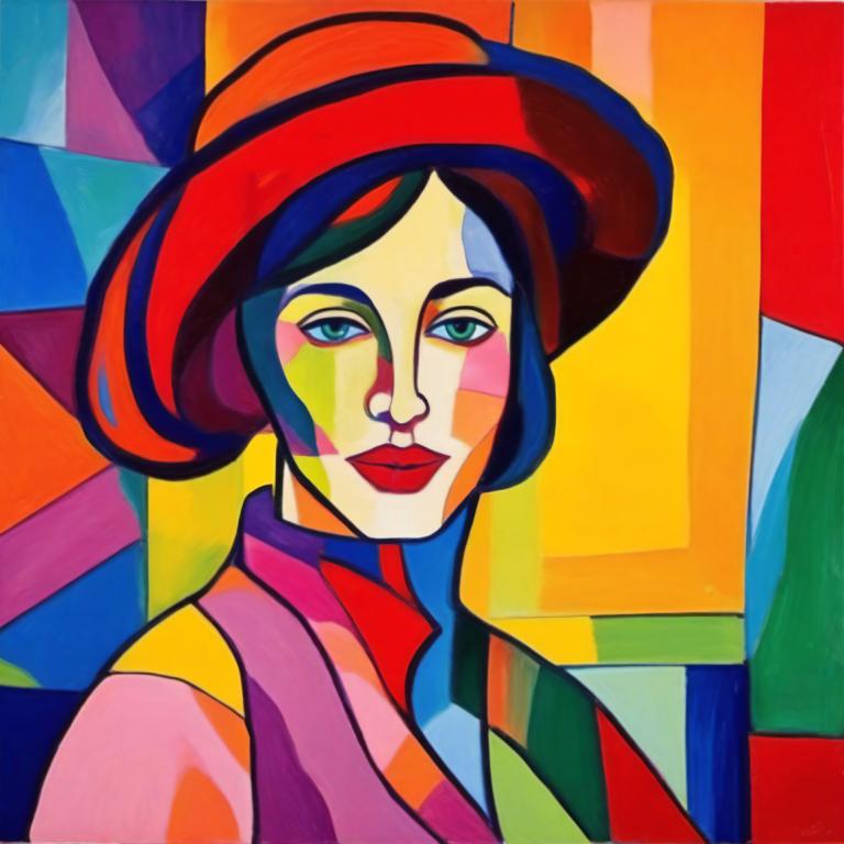 Fauvism,Fauvism, People, woman, solo, clown, hat, facepaint, colorful, looking at viewer, 1girl, red lips