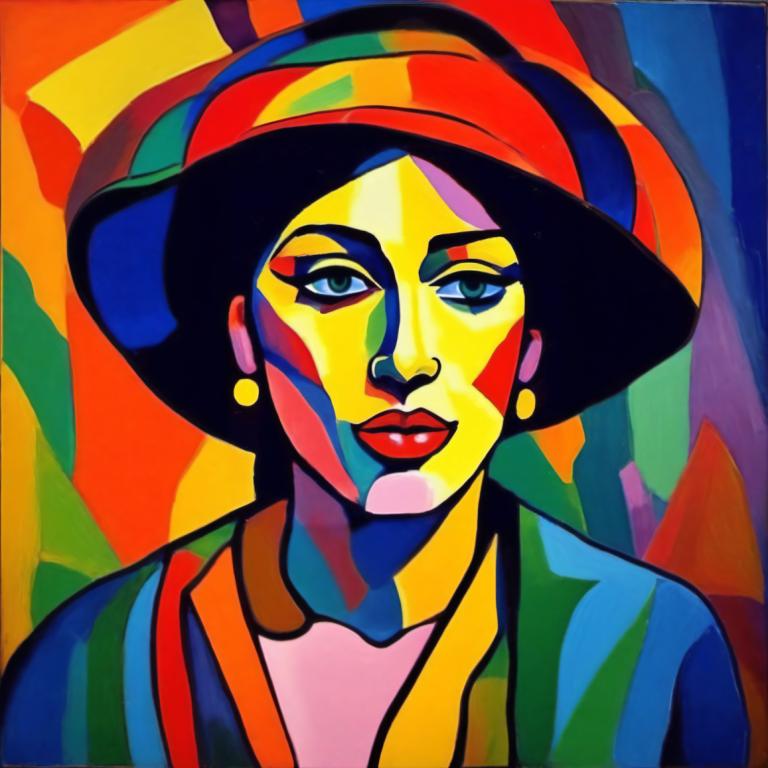 Fauvism,Fauvism, People, woman, solo, clown, 1girl, earrings, hat, jewelry, blue eyes, facepaint, makeup