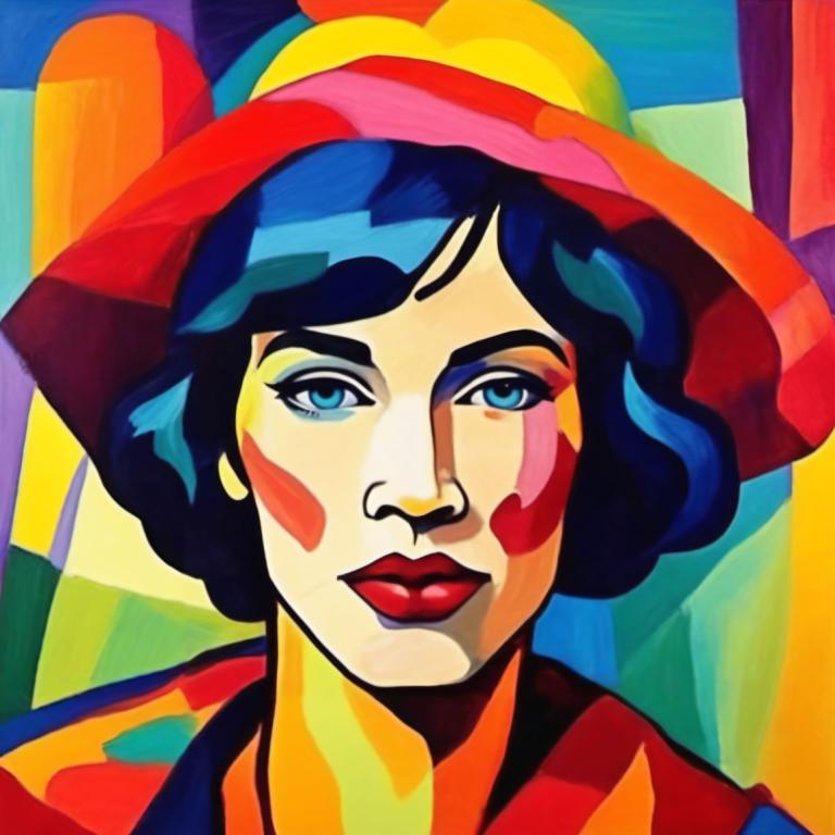 Fauvism,Fauvism, People, woman, solo, clown, facepaint, blue eyes, blue hair, hat, makeup, looking at viewer