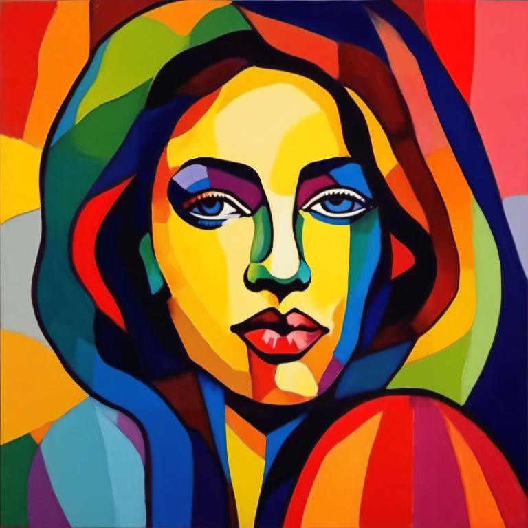 Fauvism,Fauvism, People, woman, solo, clown, blue eyes, makeup, hood, 1girl, colorful, multicolored clothes