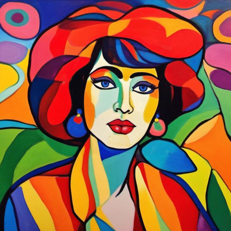 Fauvism,Fauvism, People, woman, 1girl, solo, jewelry, earrings, blue eyes, colorful, makeup, looking at viewer