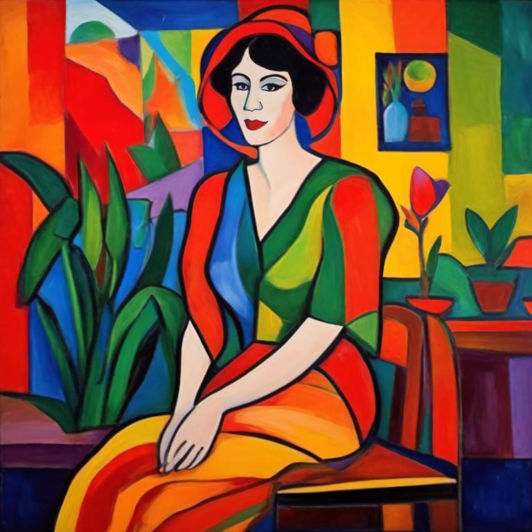 Fauvism,Fauvism, People, woman, 1girl, solo, black hair, plant, sitting, potted plant, looking at viewer