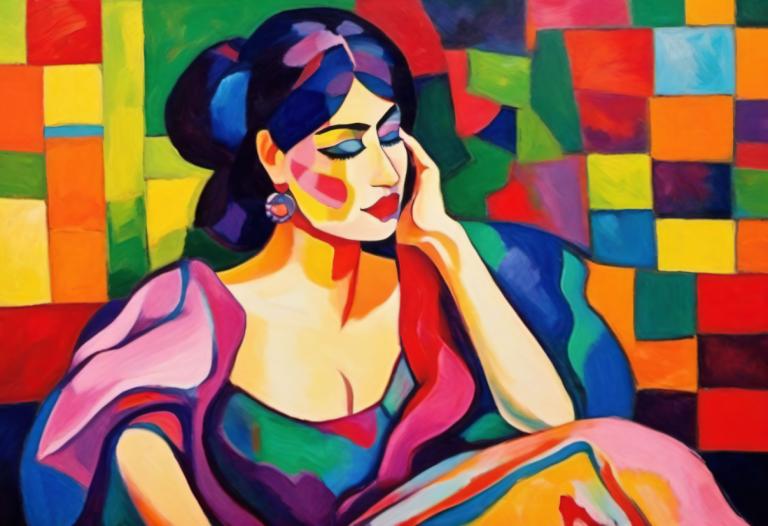 Fauvism,Fauvism, People, woman, 1girl, solo, jewelry, earrings, cleavage, breasts, makeup, colorful, dress