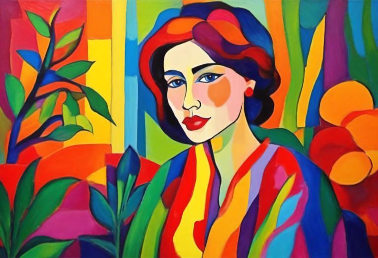 Fauvism,Fauvism, People, woman, 1girl, solo, earrings, jewelry, plant, blue eyes, upper body