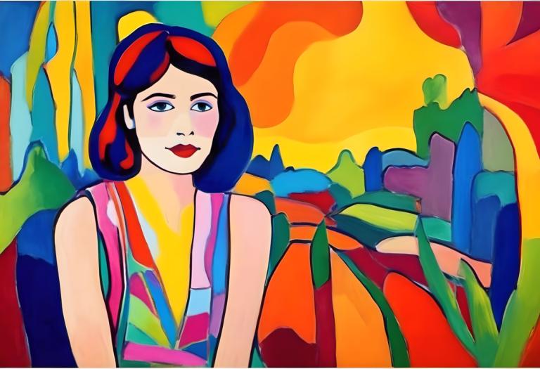 Fauvism,Fauvism, People, woman, 1girl, solo, colorful, multicolored clothes, sleeveless, upper body, smile