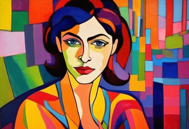 Fauvism,Fauvism, People, woman, 1girl, solo, colorful, blue eyes, makeup, looking at viewer, lipstick