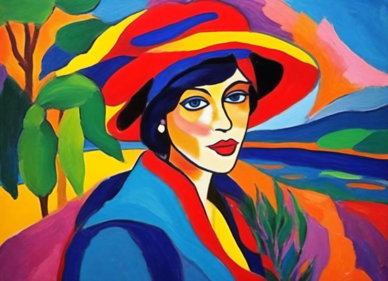 Fauvism,Fauvism, People, woman, solo, hat, earrings, blue eyes, jewelry, traditional media, male focus, 1boy