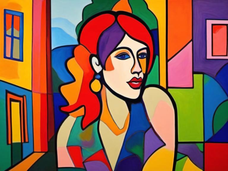 Fauvism,Fauvism, People, woman, 1girl, solo, earrings, blue eyes, jewelry, multicolored hair, makeup