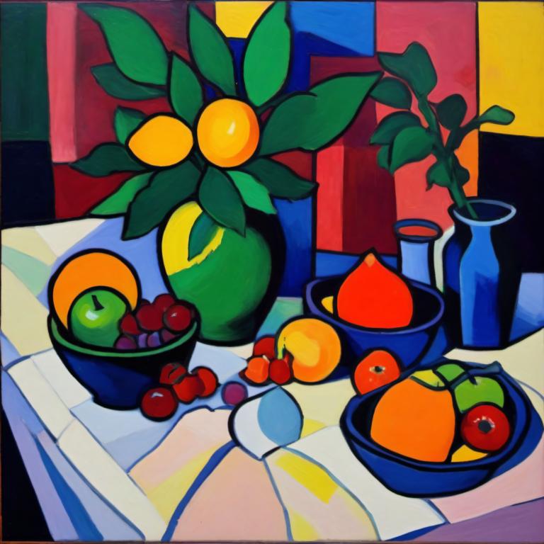 Fauvism,Fauvism, Still life, still life, no humans, fruit, food, plant, potted plant, still life, apple, leaf