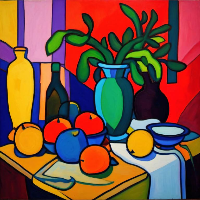 Fauvism,Fauvism, Still life, still life, fruit, food, no humans, cup, bottle, apple, plant, table, plate