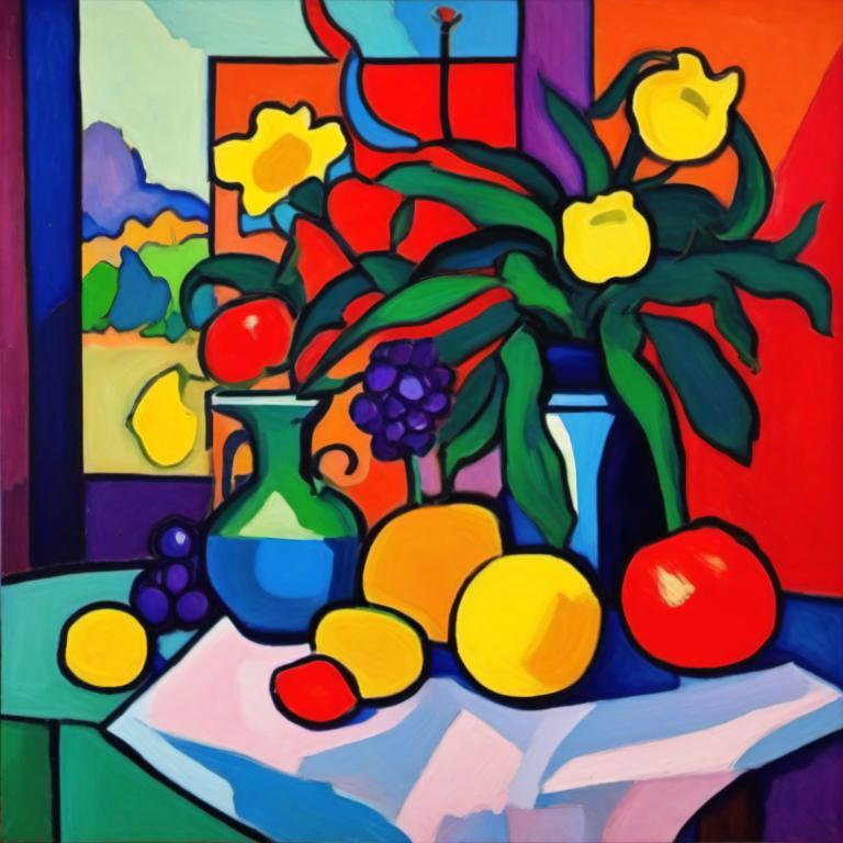 Fauvism,Fauvism, Still life, still life, no humans, fruit, food, plant, grapes, flower, window, vase, indoors