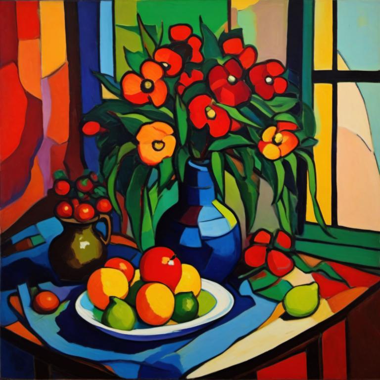 Fauvism,Fauvism, Still life, still life, no humans, flower, red flower, window, plant, vase, still life