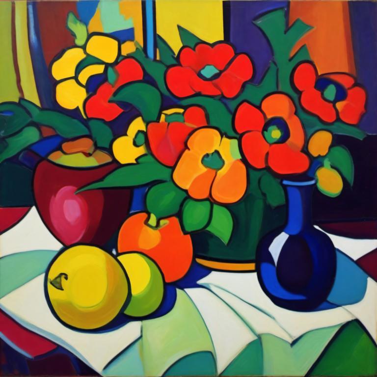 Fauvism,Fauvism, Still life, still life, flower, red flower, no humans, fruit, orange flower, leaf