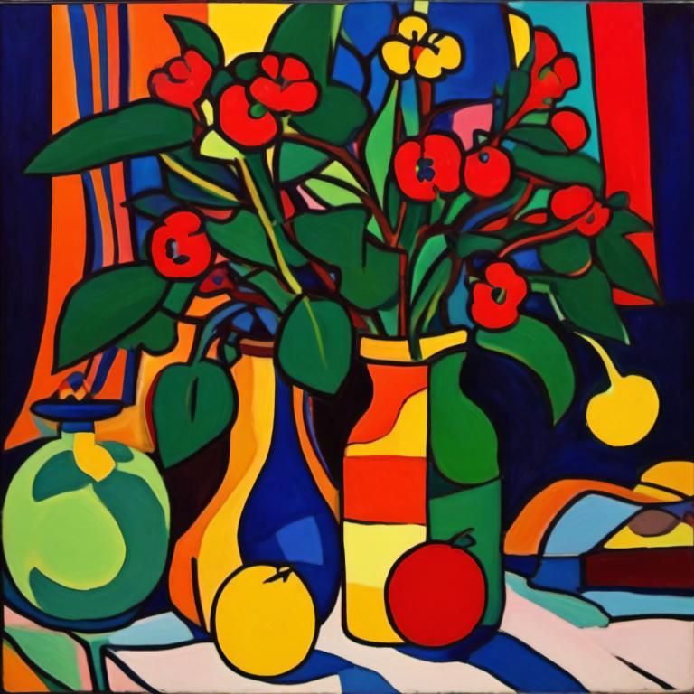 Fauvism,Fauvism, Still life, still life, no humans, flower, red flower, plant, solo, leaf, fruit, vase