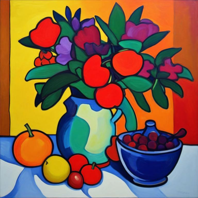 Fauvism,Fauvism, Still life, still life, fruit, food, no humans, purple flower, still life, flower, leaf