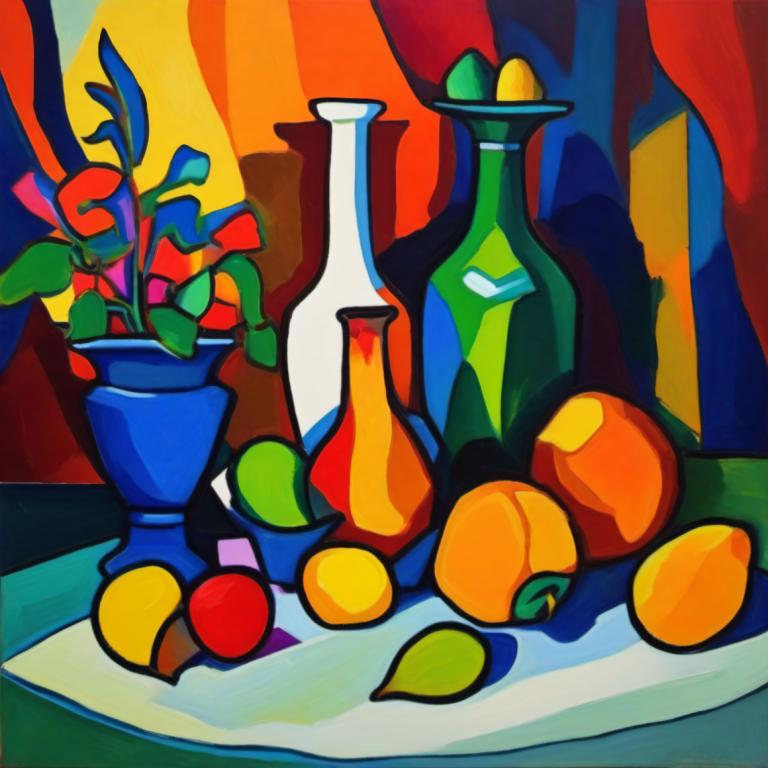 Fauvism,Fauvism, Still life, still life, no humans, bottle, food, fruit, pokemon (creature), plant, solo, vase